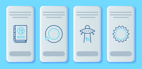Poster - Set line Satellites orbiting the planet Earth, Planet, Book by astronomy and Sun icon. Vector