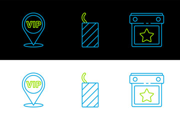 Poster - Set line Calendar party, Location Vip and Firework rocket icon. Vector