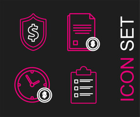 Poster - Set line Clipboard with checklist, Time money, Finance document and Shield dollar symbol icon. Vector