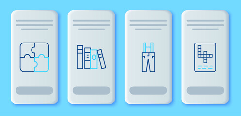 Poster - Set line Book, Pants with suspenders, Piece of puzzle and Crossword icon. Vector