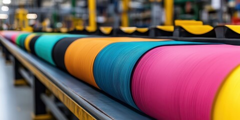 Poster - Large colorful textile rolls on an industrial conveyor in a modern factory setting.