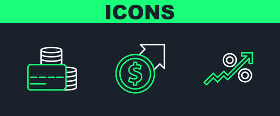 Poster - Set line Percent up arrow, Credit card and Financial growth and dollar icon. Vector