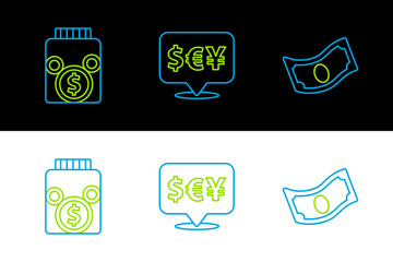 Poster - Set line Stacks paper money cash, Glass jar with coin and Currency exchange icon. Vector