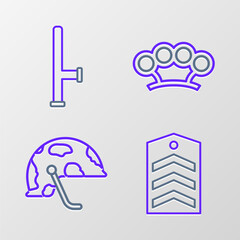 Poster - Set line Chevron, Military helmet, Brass knuckles and Police rubber baton icon. Vector