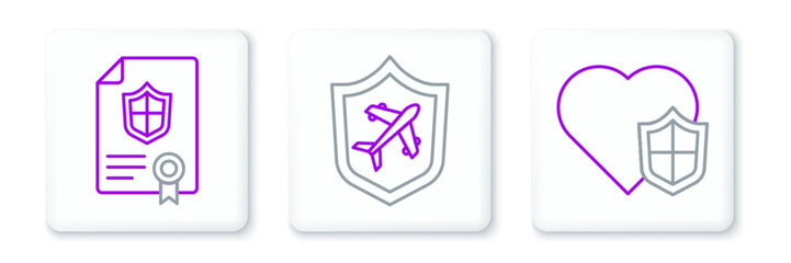 Poster - set line life insurance with shield, contract and plane icon. vector