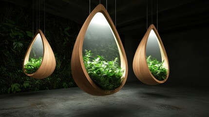 Poster - Modern hanging terrarium planters with lush green plants illuminated in a dark, minimalist indoor space.