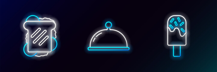 Poster - Set line Ice cream, Sandwich and Covered with tray icon. Glowing neon. Vector