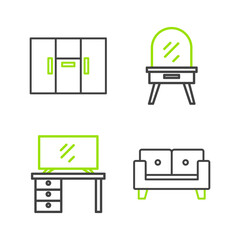 Poster - Set line Sofa, TV table stand, Dressing and Wardrobe icon. Vector