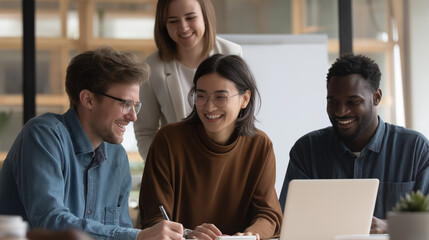 Poster - A group of diverse coworkers engages in a lively discussion while working on a project together in a contemporary office environment, fostering teamwork and creativity