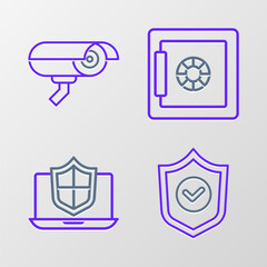 Aufkleber - Set line Shield with check mark, Laptop protected shield, Safe and Security camera icon. Vector