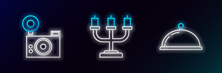 Poster - Set line Covered with a tray of food, Photo camera and Candlestick icon. Glowing neon. Vector
