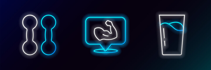 Poster - Set line Glass with water, Dumbbell and Bodybuilder muscle icon. Glowing neon. Vector