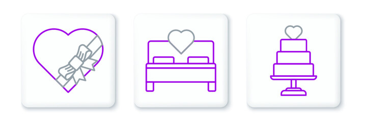 Poster - Set line Wedding cake with heart, Candy shaped box and bow and Bedroom icon. Vector