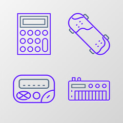 Poster - Set line Music synthesizer, Pager, Skateboard trick and Calculator icon. Vector