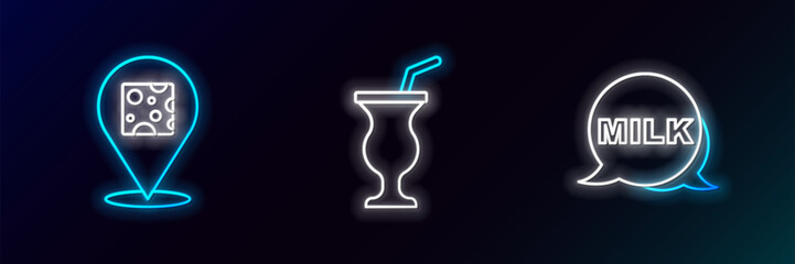 Poster - Set line Lettering milk, Cheese and Milkshake icon. Glowing neon. Vector