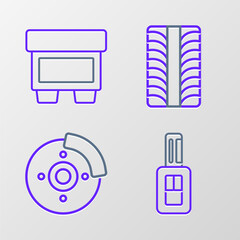 Poster - Set line Car key with remote, brake disk caliper, tire wheel and Fuse icon. Vector