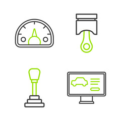 Poster - Set line Diagnostics condition of car, Gear shifter, Engine piston and Speedometer icon. Vector