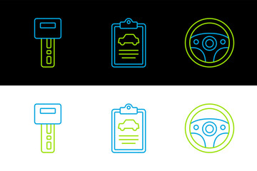 Poster - Set line Steering wheel, Car key with remote and inspection icon. Vector