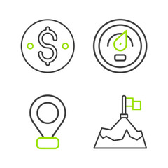 Poster - Set line Mountains with flag, Location, Digital speed meter and Dollar symbol icon. Vector
