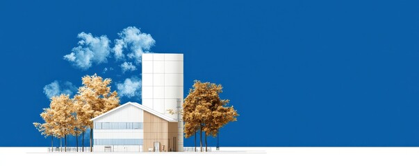 Poster - Modern building with a tall white tower, surrounded by autumn trees and set against a clear blue sky.