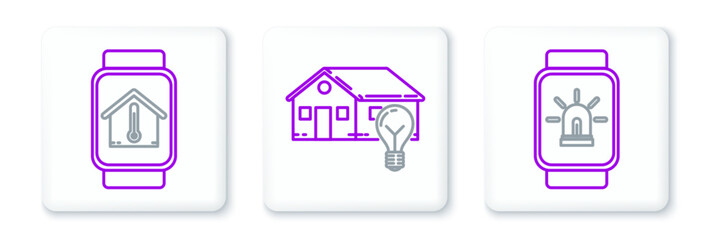 Poster - Set line Smart watch with smart house and alarm, temperature and light bulb icon. Vector