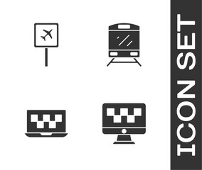 Poster - set computer call taxi service, airport, laptop and train icon. vector