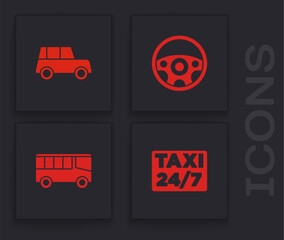 Poster - set location with taxi, car, steering wheel and bus icon. vector