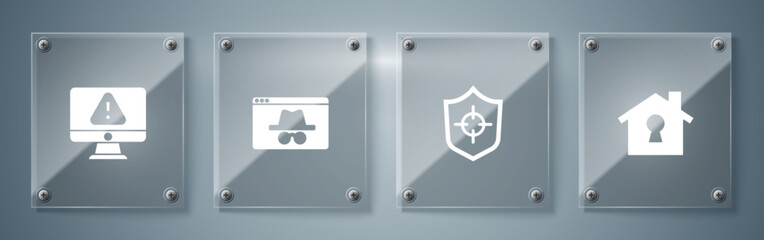 Poster - Set House under protection, Shield, Browser incognito window and Monitor with exclamation mark. Square glass panels. Vector