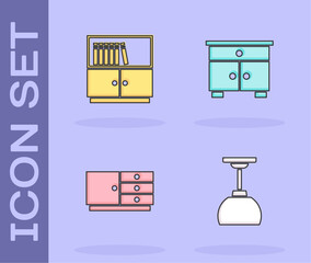 Poster - Set Lamp hanging, Library bookshelf, Chest of drawers and Furniture nightstand icon. Vector
