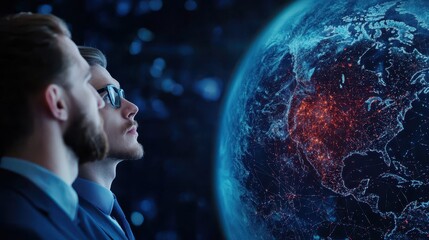 Aufkleber - Two men in suits observe a digitally connected Earth, highlighting global networks and technology.