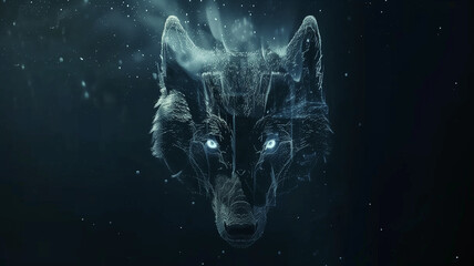 Poster - This glowing wolf hologram floats delicately in a dark space, creating a serene digital ambiance.