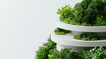 Poster - Modern building with circular terraces covered in lush green plants and foliage, showcasing sustainable architecture.