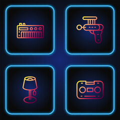 Poster - Set line Retro audio cassette tape, Floor lamp, Music synthesizer and Ray gun. Gradient color icons. Vector