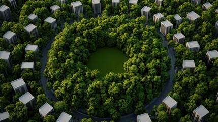 Poster - Aerial view of modern buildings arranged in circles around a dense green forest with a central clearing.