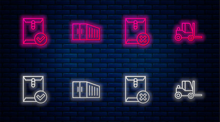Poster - set line container, delete envelope, envelope and check mark and forklift truck. glowing neon icon o