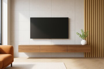 Aufkleber - Modern minimalist living room interior with wall-mounted TV on tiled wall, wooden floating cabinet, and warm natural light streaming in.