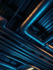 Poster - Abstract view of industrial pipes and ventilation systems illuminated by blue and orange lights