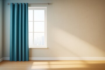 Aufkleber - Empty modern room interior with window and blue curtains, light streaming through, minimalistic decor, wooden floor, and neutral wall background.