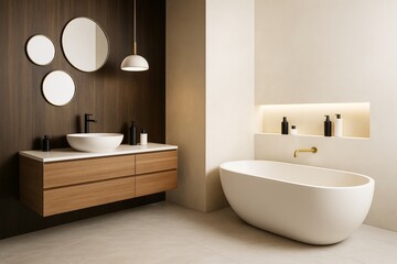 Poster - Modern minimalist bathroom interior with freestanding bathtub, wooden vanity, round mirrors, and soft lighting on light tiled floor background.