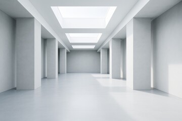 Poster - Bright modern interior with skylights and columns in a minimal architectural space emphasizing contemporary design and natural light flow.