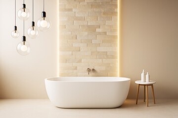 Poster - Minimalist bathroom interior with freestanding white bathtub, wood table, pendant lights, and beige tile wall illuminated by soft lighting.