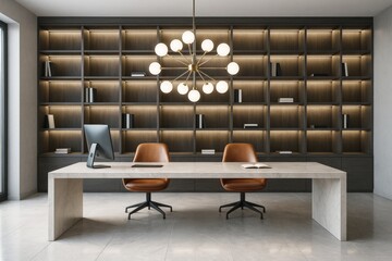 Poster - Contemporary office interior with modern lighting, marble desk, leather chairs, and wooden bookshelves in minimalist design concept.