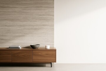 Poster - Modern wooden sideboard against two-tone wall in minimalist room interior with copyspace for branding or design mockup concept.