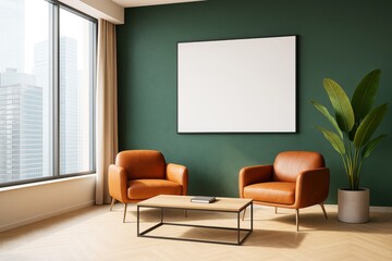 Poster - Contemporary lounge interior with leather chairs, coffee table, green wall, blank frame, and large window overlooking modern cityscape.