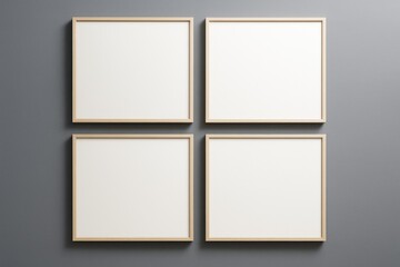 Poster - Four blank wooden picture frames on gray wall in modern interior with clean minimalist design for branding or artwork mockup presentation template.