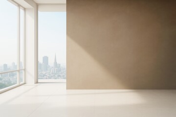 Poster - Empty modern interior room with large window and city view, clean beige wall casting soft shadow, contemporary architecture concept template.