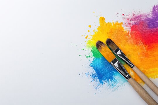 Two brushes painting rainbow splattered art project on white isolated background.
