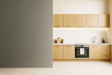 Poster - Modern minimalist kitchen interior with wooden cabinets and blank wall for branding or design mockup template in a clean contemporary space.