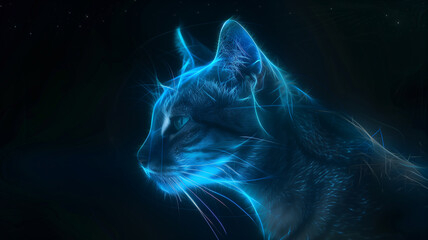 Aufkleber - This glowing blue holographic cat projects against a dark background, adding a futuristic vibe.