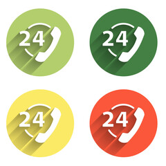 Poster - Set Telephone 24 hours support icon isolated with long shadow background. All-day customer support call-center. Full time call services. Color circle button. Vector